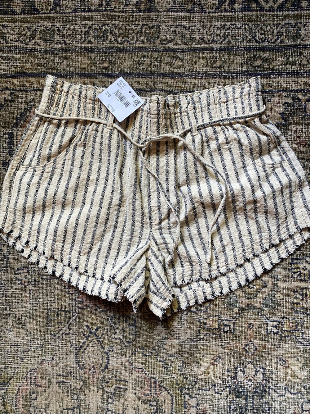 American Eagle Outfitters Cream and Black Striped High-Waist Drawstring Shorts